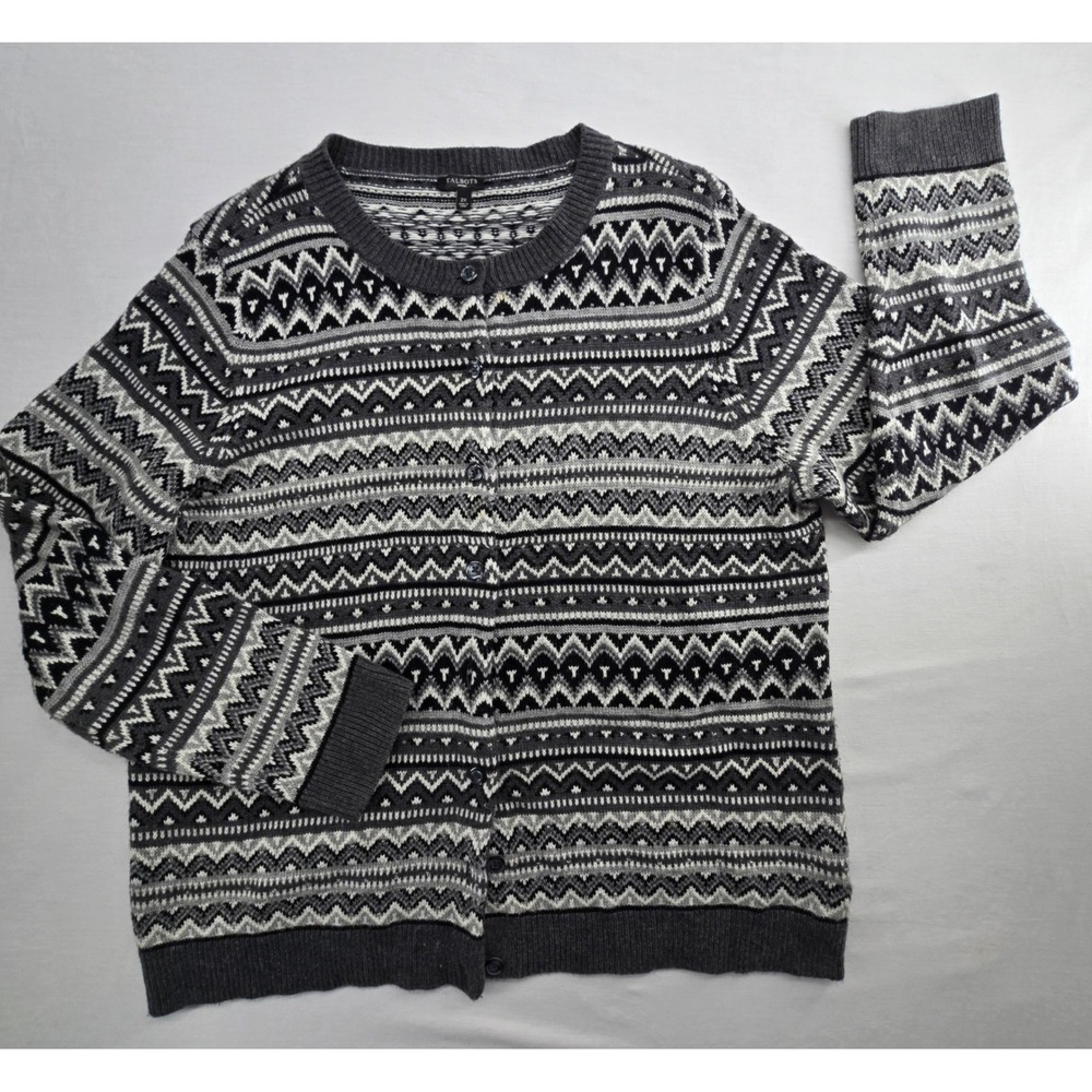 Talbots Cardigan Sweater Women 2X Grey Fair Isle Beaded Lambswool Button Up